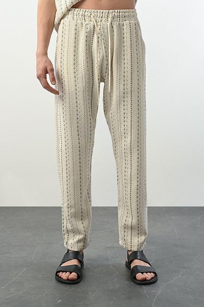 Valiberta Bohemian Striped Knitted Fabric Men's Trousers - Ecru