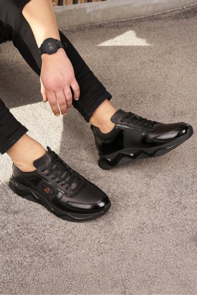 İmerShoes Günlük Erkek Siyah Ayakkabı Iç Dış Hakiki Deri Bağcıklı Kalın Yüksek Taban Bilek Destek Sneaker 721