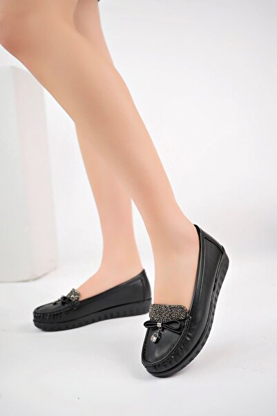 epaavm Wedge Heel Black Leather Shoes