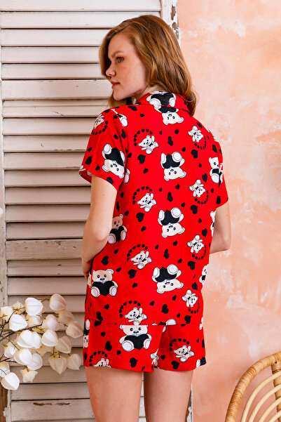 GİYSA Kadın Gömlek Yaka Şortlu Desenli Pijama Takımı Kırmızı - 925046