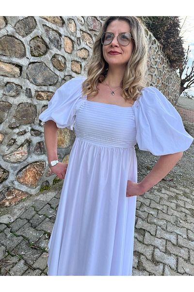 hot fashions فستان أميرة رائع بأكمام بالون للنساء مع تفاصيل ربطة عنق على الظهر وقصة منخفضة - مظهر لامع