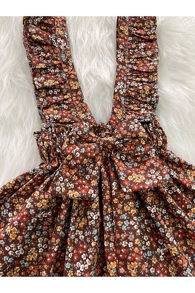 Eylülce Butik Girl's Brown Floral Bow Ruffle Strap Salopette Dress (Made of 100% Cotton Fabric.)