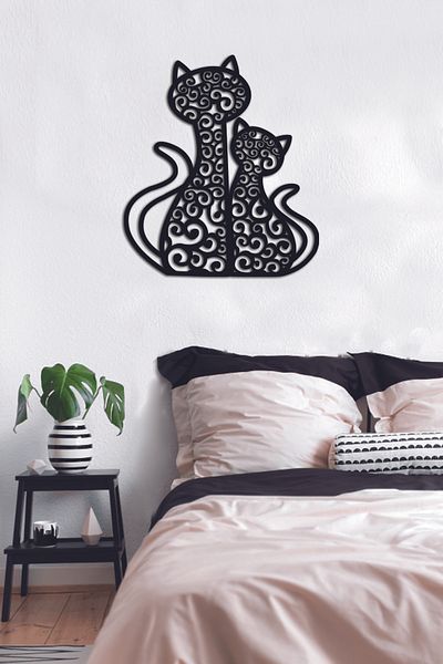 NT Handmade Decor de perete cu pisici drăguțe din lemn negru pentru sufragerie dormitor birou 40x45 pictură MDF