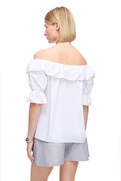 Perspective White Albas Regular Fit Low Sleeve Blouse