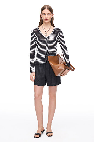 Perspective Siyah Beyaz Heras Regular Fit V-Yaka Çizgili Hirka