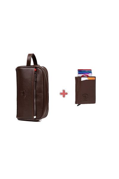 Newish Men's Vegan Leather Shaving and Clutch Bag & Aluminum Mechanical Card Holder Wallet