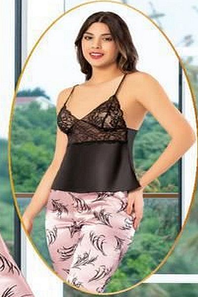 Xses 2150 Women's Satin Printed Dressing Gown Pajama Suit-Pink