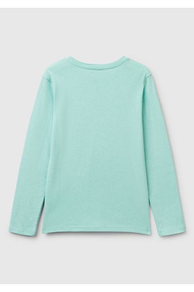 United Colors of Benetton Tricou pentru fetiță, verde apă, cu sclipici Benetton, imprimat cu logo