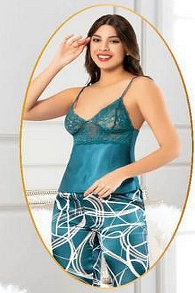 Xses 2151 Women's Satin Printed Dressing Gown Pajama Suit-Oil