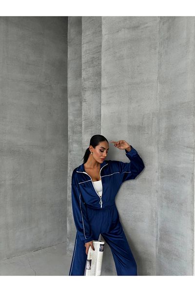 Asfa Moda Σετ αθλητικής φόρμας γυναικείας Saks Blue Velvet Fabric με φερμουάρ