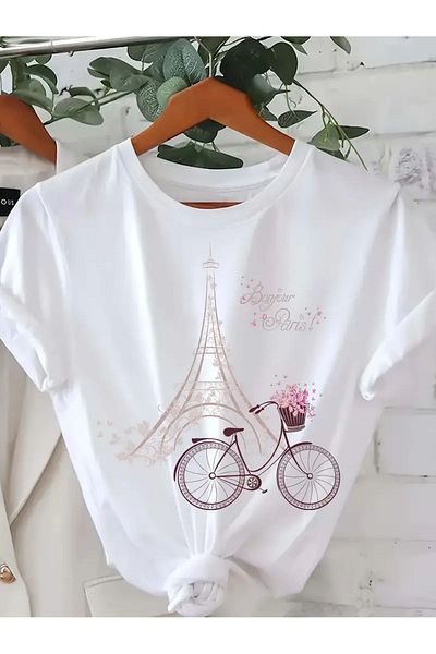 aynewmoda Tricou oversize unisex cu imprimeu Pink Sky Turnul Eiffel și bicicletă