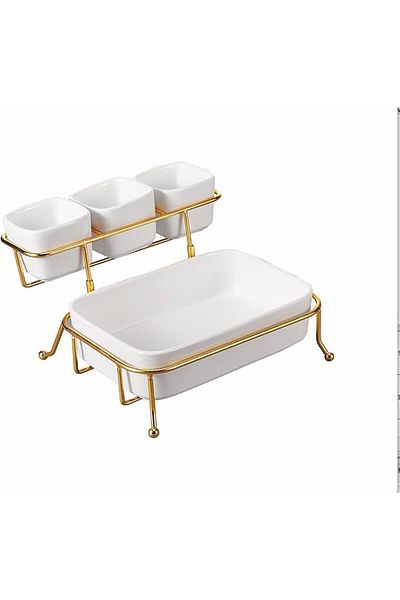 ORCHID 4-Piece Serving Bowl Set with Gold Stand – Ceramic Snack & Fruit Platter with Metal Rack