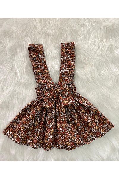 Eylülce Butik Girl's Brown Floral Bow Ruffle Strap Salopette Dress (Made of 100% Cotton Fabric.)