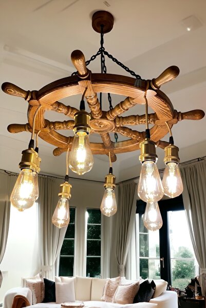 Can Marangozluk Ahşap 71 CM -Gemi Dümeni Avize, Ahşap Avize, Rustik Avize,Ahşap Ev Avizesi, Lüks Avize,Bungolov Ev Avize