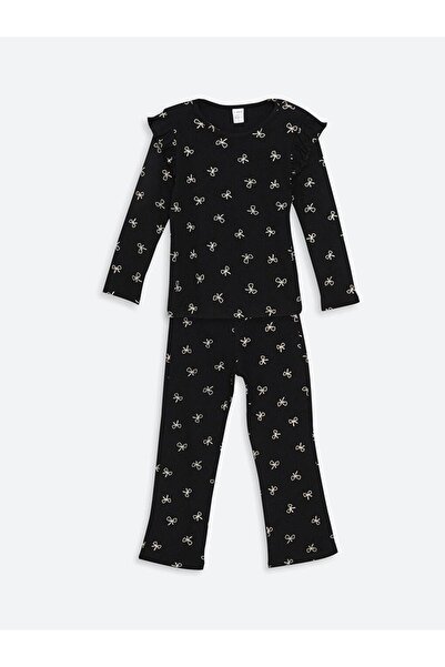 LC Waikiki LCW Kids Black Crew Neck Ribbon Nyomtatott kislány blúz és leggings 2 csomag
