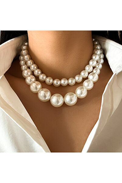 Choice طقم مكون من قطعتين من قلادة على شكل سلسلة من اللؤلؤ الصناعي الكبير الم...