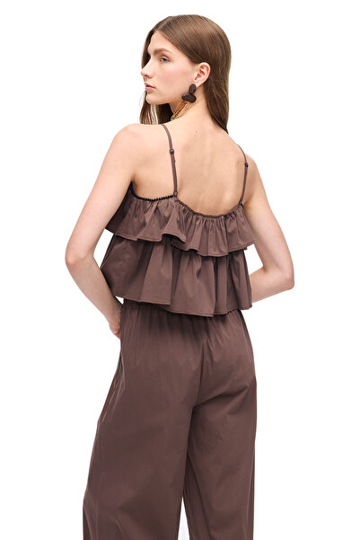 Perspective Brown Furs Comfortable Fit Square Neck Strap Blouse