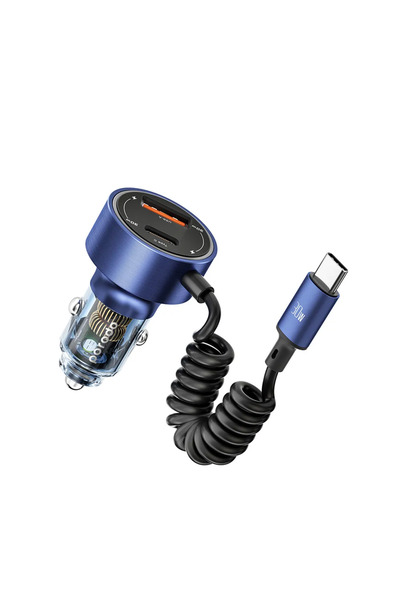 porodo شاحن سيارة شفاف مزدوج المنفذ بقوة 60 وات، 30 وات، 18 وات، مع كابل ملفو...