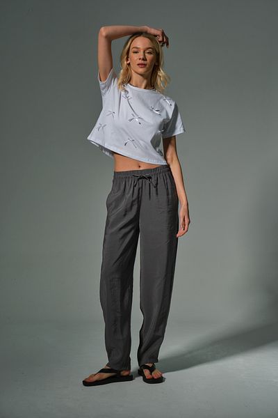 Domoda Anthracite High Waist, Non-Stick, Drapey Soft Lace-Up Elastic Carrot Women's Cupro Pants # Tavira