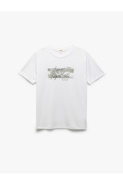 Koton Tricou alb cu imprimeu metalic cu gât roșu pentru femei 5sak50117ek