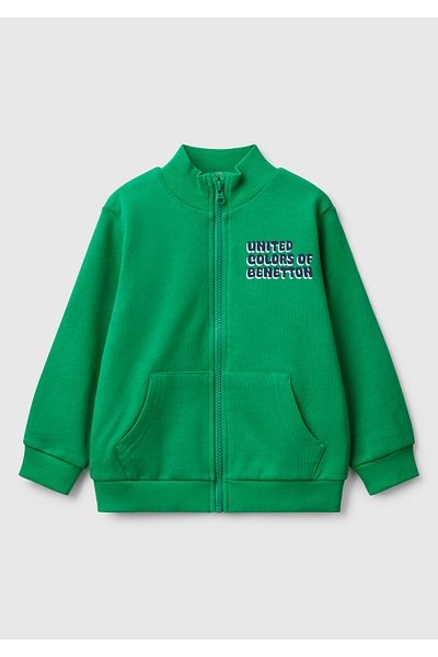 United Colors of Benetton Boy's Green Benetton Logo Embroidered Zippered Sweatshirt
