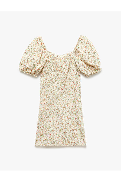 Koton Viscose Sweetheart Neckline Balloon Sleeves Drawstring Floral Mini Dress