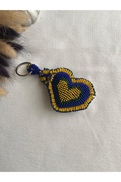 Handmade KUM BONCUK EL İŞİ SARI LACİVERT KALP ANAHTARLIK