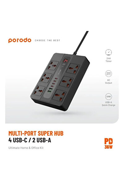 porodo 6 منافذ تيار متردد، 2 منافذ USB-A 24 وات و4 منافذ USB-C PD 36 وات موزع...