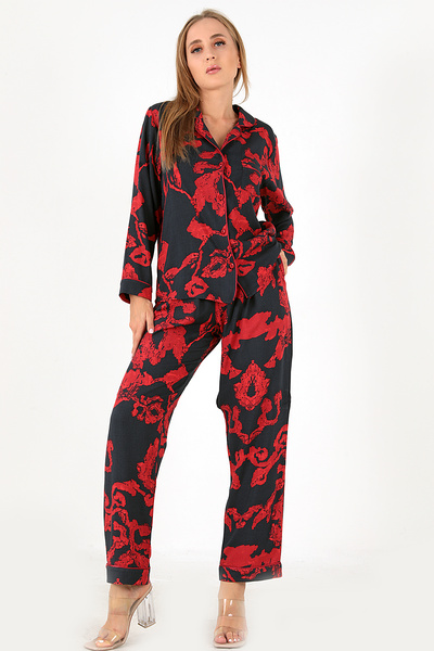 ZENCHES Crveni cvetni ženski pidžama set dugih rukava