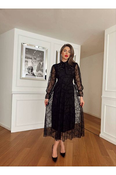 asyadabutik Women's Tulle and Embroidery Detailed Special Design Evening Dress