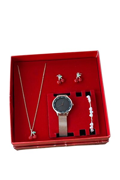 ESNASTORE Rose Gold Hasır Kordon Kiraz  Kadın Saat Seti