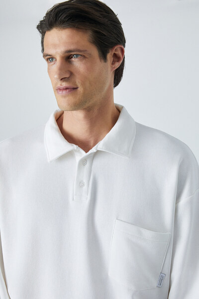 GRIMELANGE Sımplyfy Men's Polo Neck Long Sleeve Oversize Buttoned White Sweatshirt