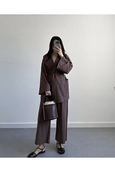 My Blog Barna Romina nyers vászon kabát nadrág szett - 8447