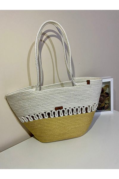 MS Glassware Straw Look Jute Beach Bag, Arm Bag, Hand Bag