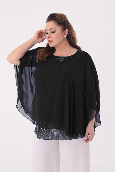 LİLAS XXL Plus Size Black Colored Chiffon Evening Dress Blouse