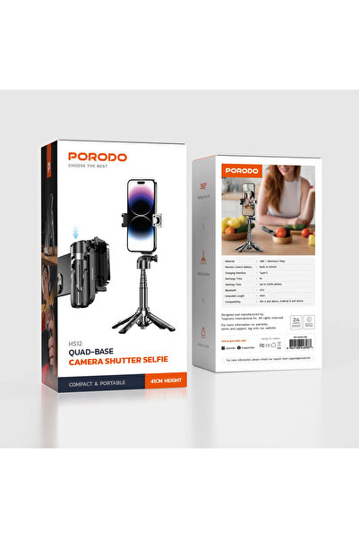 porodo عصا سيلفي قابلة للطي مع حامل ثلاثي القوائم قابل للتمديد - أسود