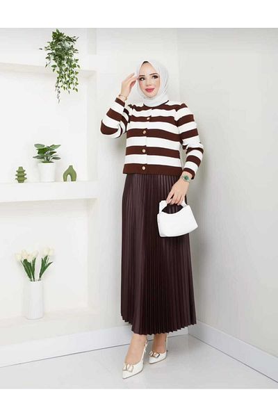 MODA VEDAT Women's Pleated Detailed Skirt Cardigan Set (Skirt Henza Branded)
