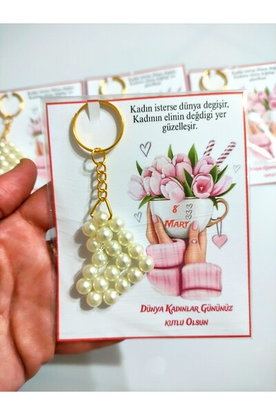 Nazenindusleri Kadınlar Günü Hediyelik İnci Kalp Anahtarlık ( 5 adet)