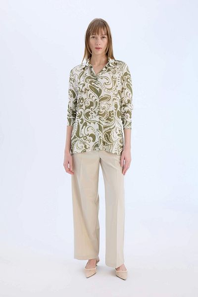 DeFacto E4347 Khaki Oversize Wide Fit Shirt Collar Printed Long Sleeve Tunic