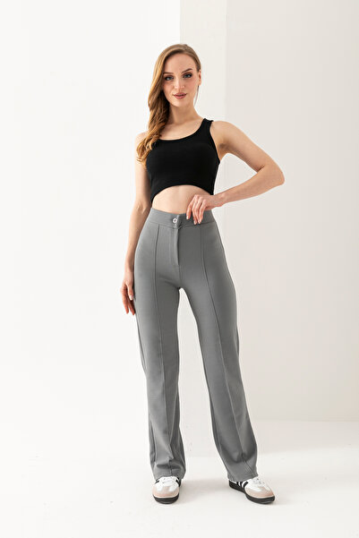 LEBRA Ženske sive pletene pantalone od likre sa visokim strukom i rebrastim š...