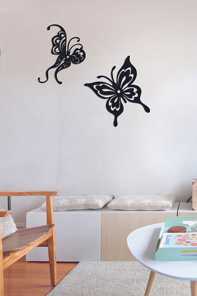 NT Handmade Decor de perete fluturi din lemn negru pentru living pat dormitor copii 40x40cm pictura