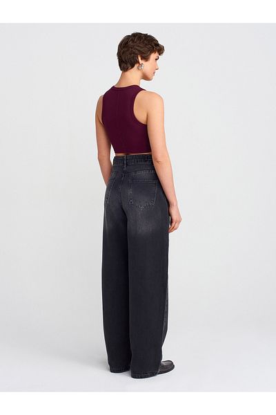 Dilvin 71783 Baloon Denim Trousers with Side Buckle Detail-Black
