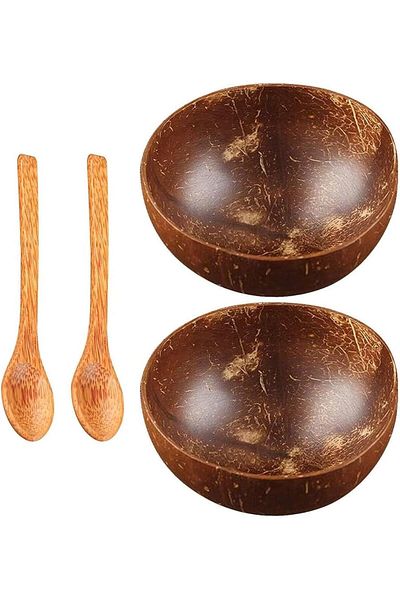COOYA Coconut Bowl & Wooden Spoons Set, Eco-Friendly Vegan Serving Bowls for Smoothies and more