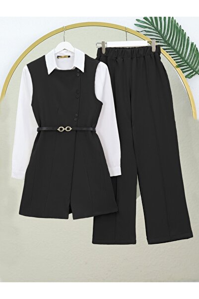 Modamorfo Black Long Vest and Trousers Set - with Belt and Buttons