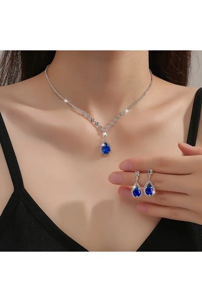 Redhead Mavi Zirkon Taş Şık Kolye Küpe Set