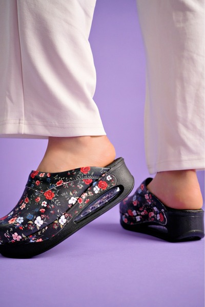 SABOTERLİK Flower Patterned Air Sole Wedge Heels Orthopedic Hospital Nurse Women's Slippers