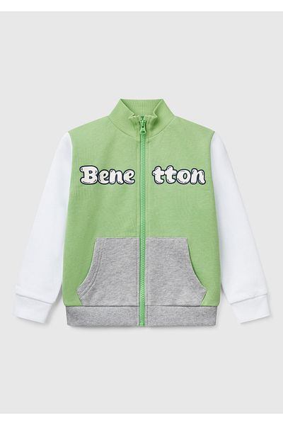 United Colors of Benetton Boy's Pistachio Green Benetton Logo Embroidered Zipper Sweatshirt