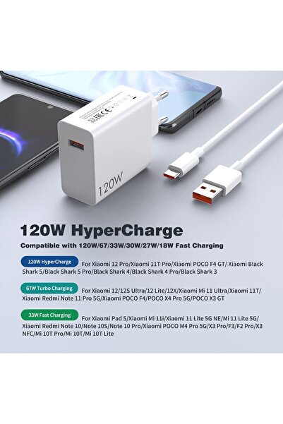 Kotenart Xiaomi Mi Note 11T Pro/12T/12 Pro/12T Pro/13 Pro/13T Pro 120Watt Turbo Hızlı Şarj Cihazı Aleti Seti