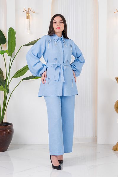 turkish dreams Women's Stoned Pearl Detailed Linen Shirt and Pants Set