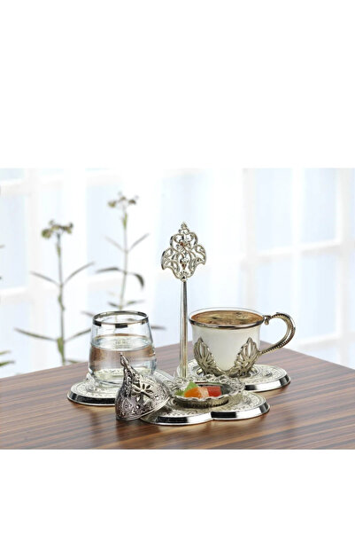 FAYA HOME Gümüş Kaplama Damat Fincan Seti Lokumluk Su Bardağı Seti 4 parça
